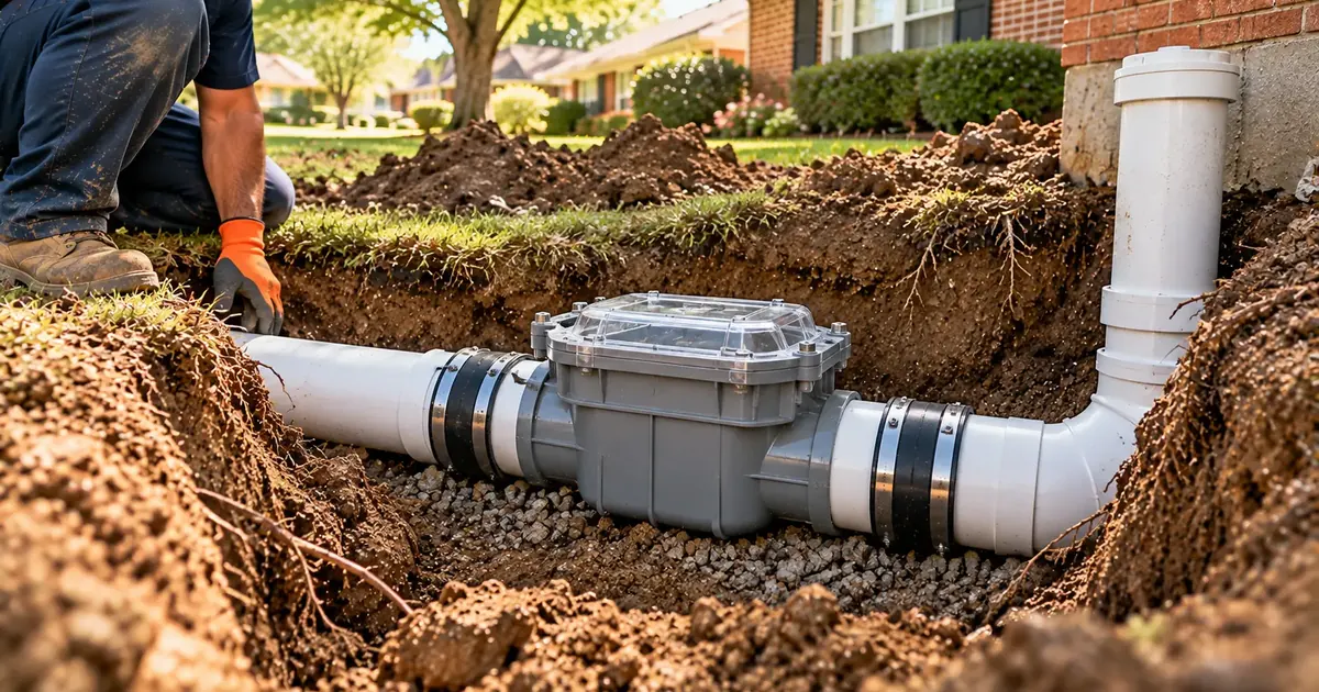 Backwater valve installed on a sewer line in a Pine Bluff excavation