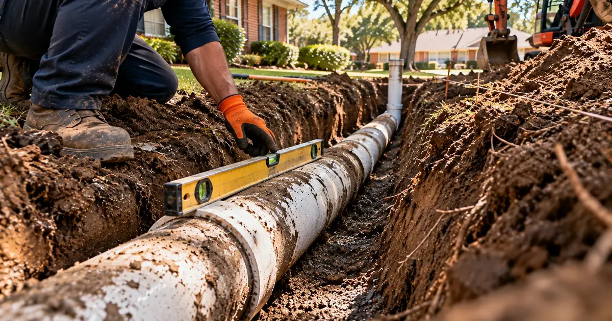 Crew checking the slope of a sagging sewer line in a Pine Bluff trench
