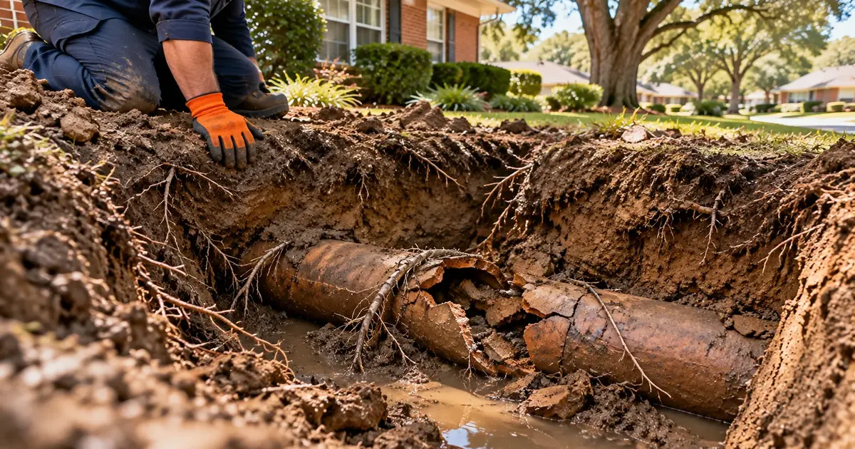 Crushed clay sewer pipe in an open trench in Pine Bluff