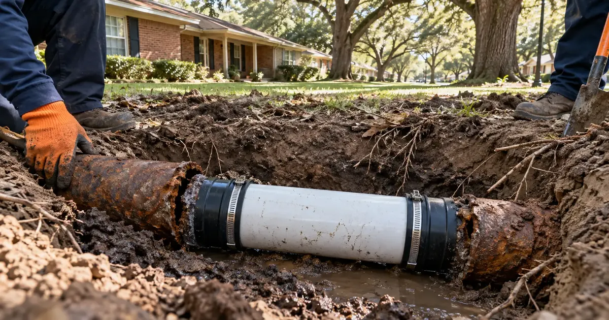 Corroded cast iron sewer pipe replaced with PVC and a shielded coupling in Pine Bluff