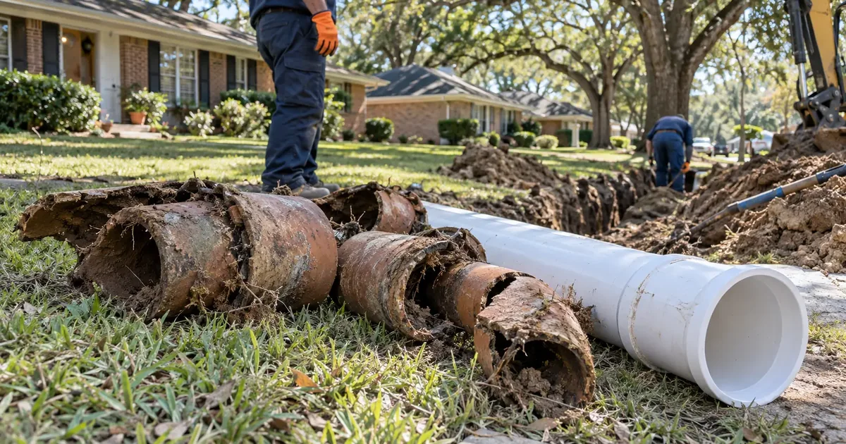 Old clay sewer pipe sections removed beside new PVC pipe in Pine Bluff