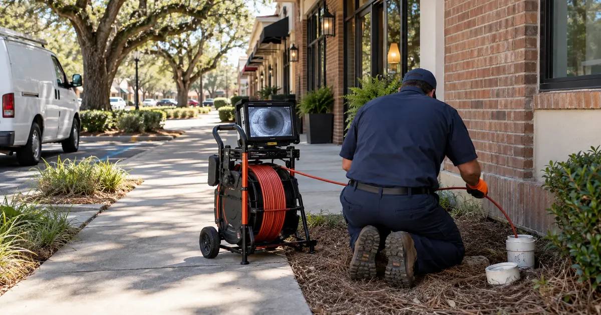 Technician running a sewer camera at a small commercial building in Pine Bluff