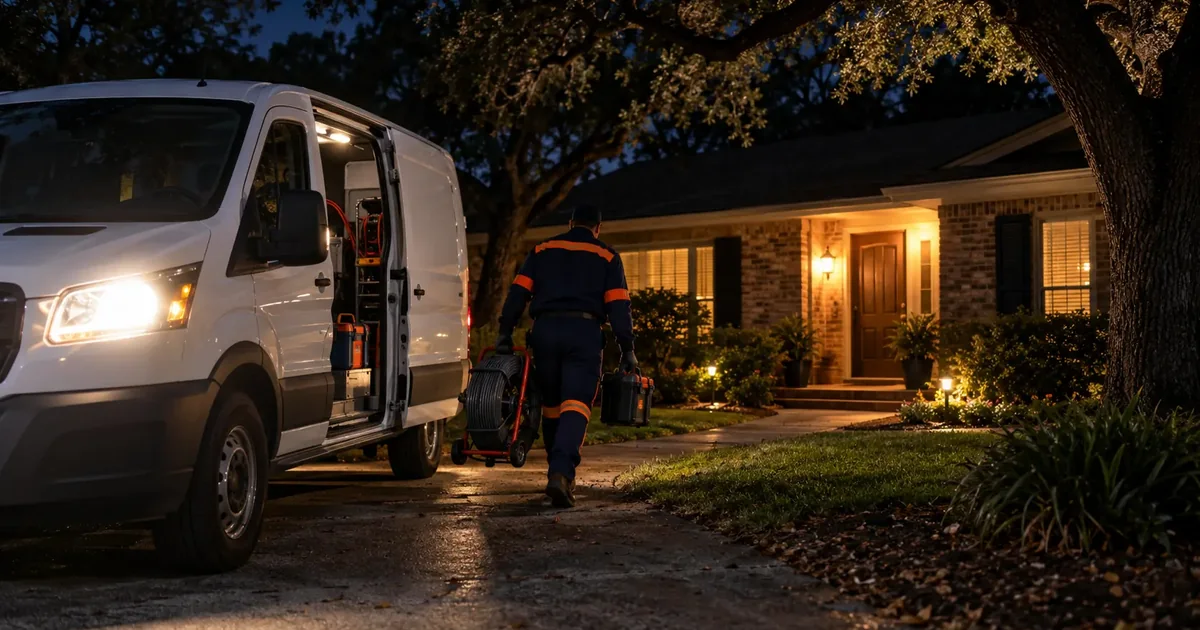 Emergency sewer repair crew arriving at a Pine Bluff home at night