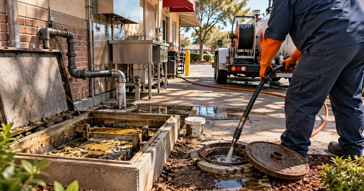 Technician removing grease buildup from a restaurant sewer line in Pine Bluff