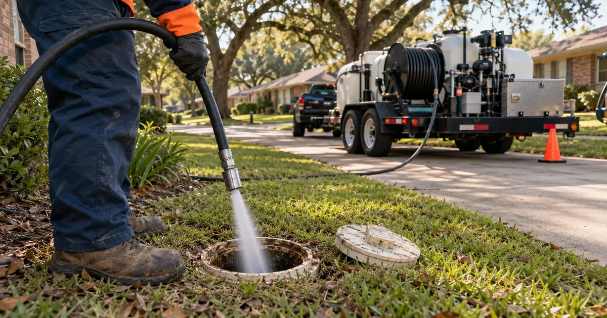 Hydro jetting a sewer cleanout at a Pine Bluff home