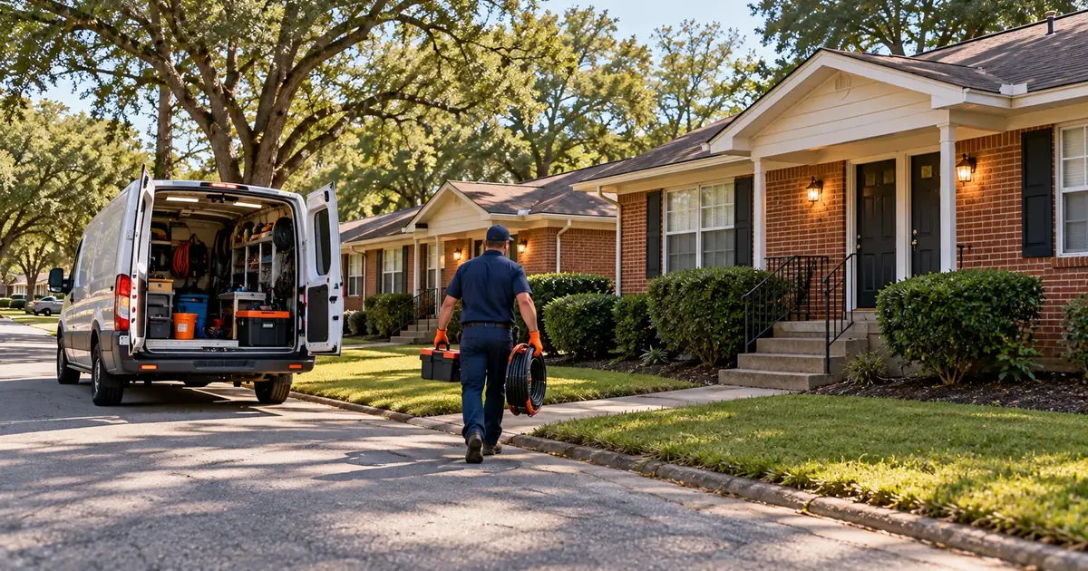 Sewer service van at rental duplexes in Pine Bluff