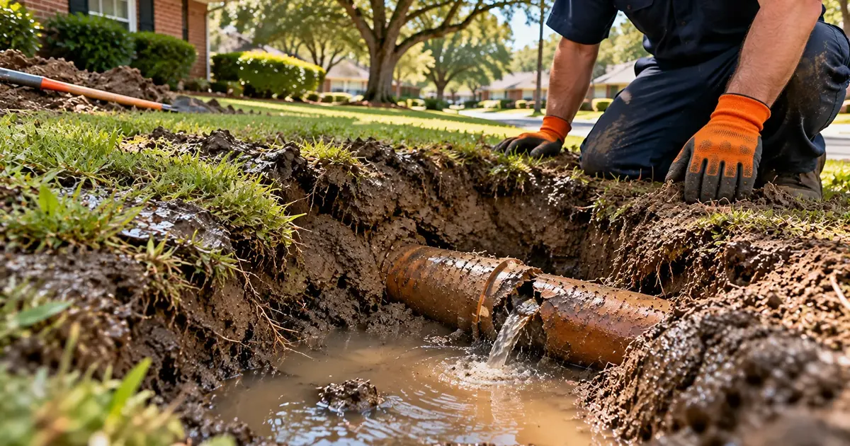 Exposed leaking sewer pipe in a wet patch of lawn in Pine Bluff