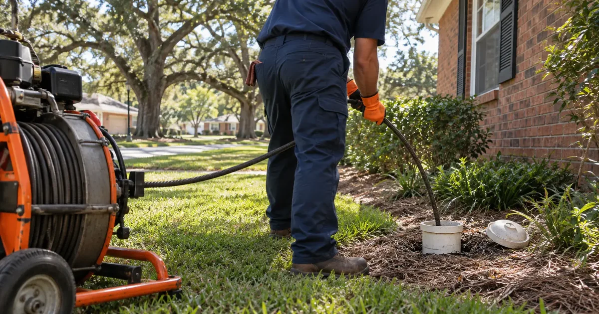 Drain machine clearing a main sewer line clog through an outdoor cleanout in Pine Bluff