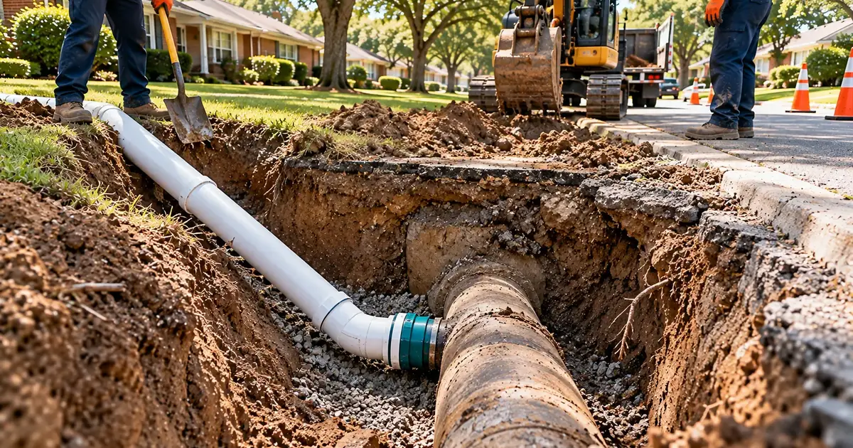 New sewer lateral connecting to a city sewer main in a Pine Bluff excavation