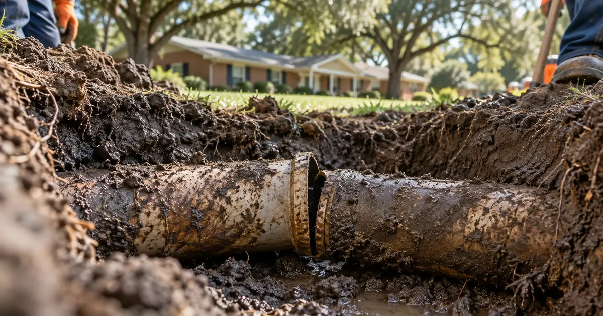 Two sewer pipe sections offset at a joint in a Pine Bluff excavation