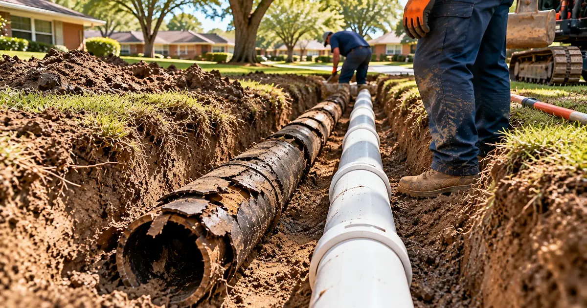 Old deformed Orangeburg fiber pipe removed next to new PVC in Pine Bluff