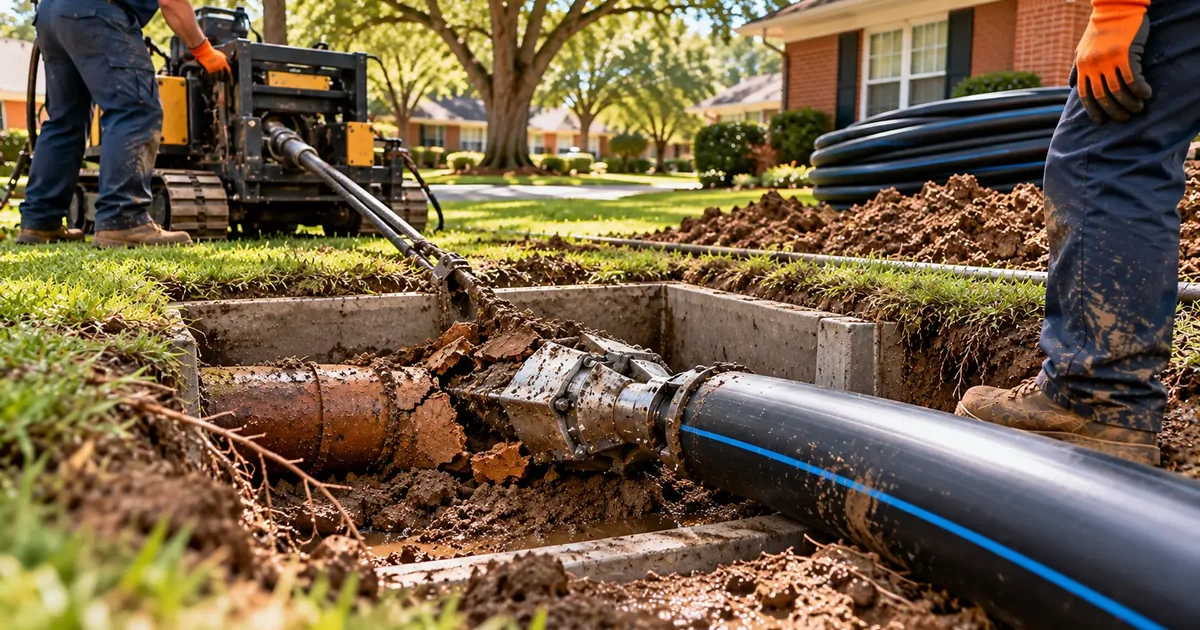 Pipe bursting head and new HDPE sewer pipe at an access pit in Pine Bluff