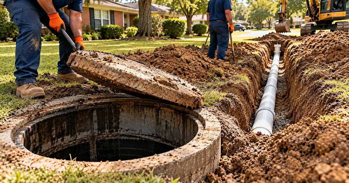 Old septic tank being taken out of service and new sewer trench in a rural Jefferson County yard