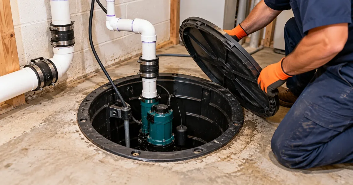 Sewage ejector pump basin with the lid open during service in Pine Bluff