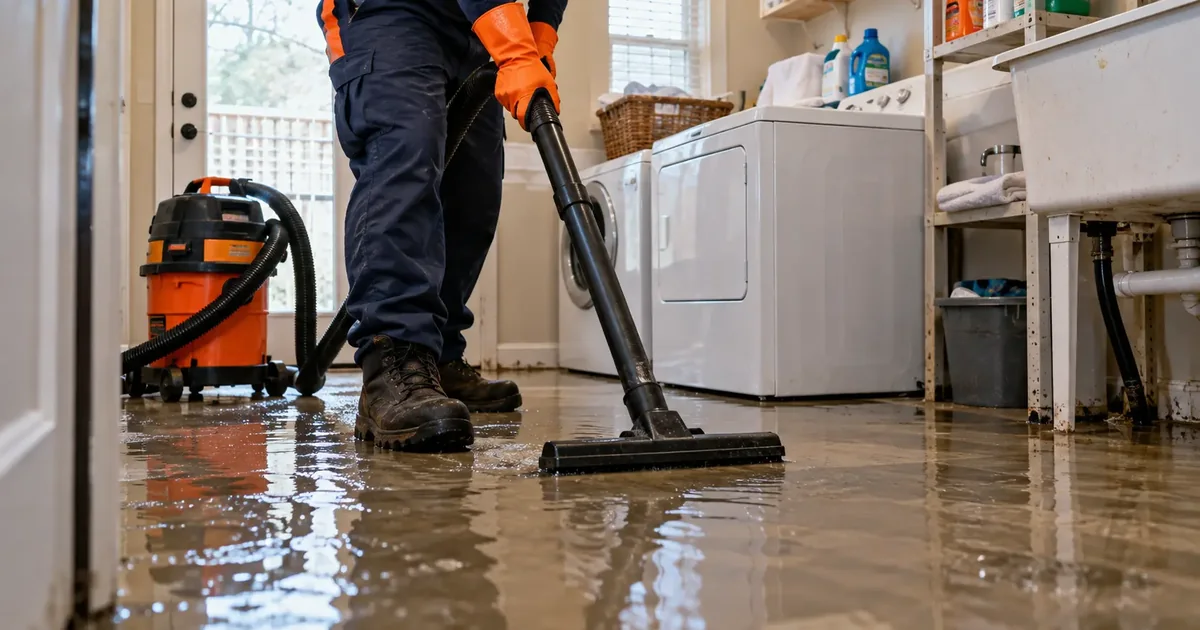 Technician cleaning up a sewer backup in a laundry room in Pine Bluff