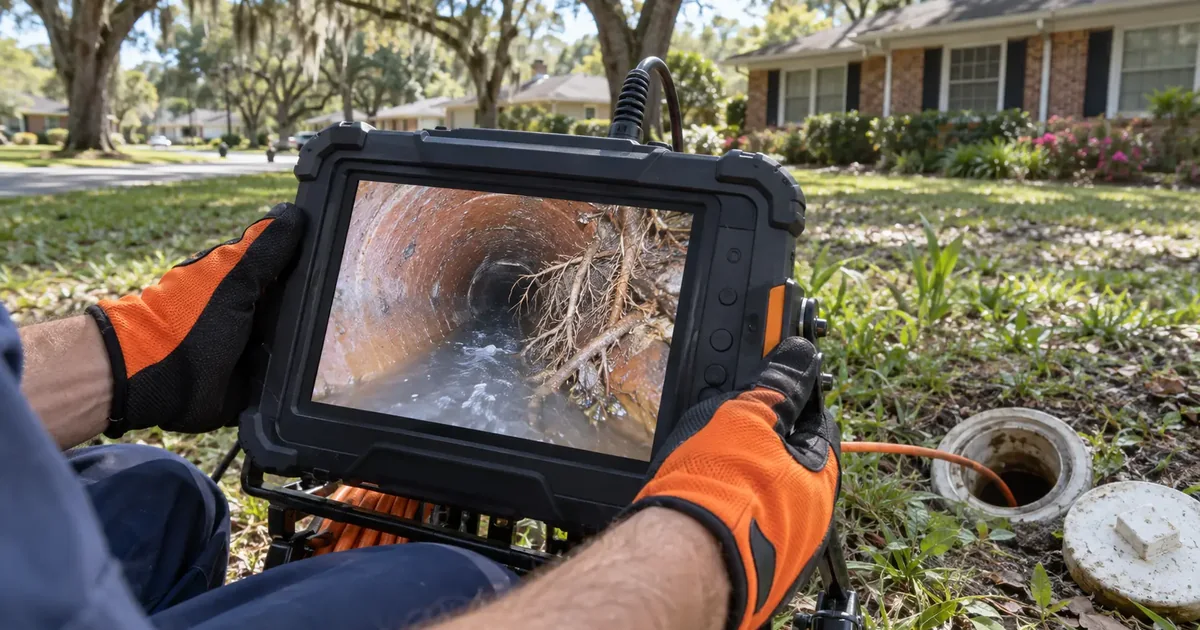 Sewer camera monitor showing tree roots inside a clay pipe in Pine Bluff