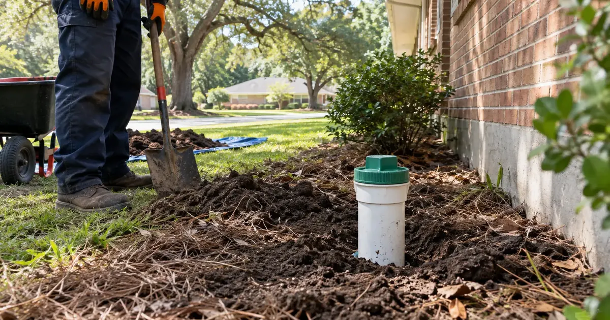 New PVC two-way sewer cleanout installed beside a Pine Bluff home