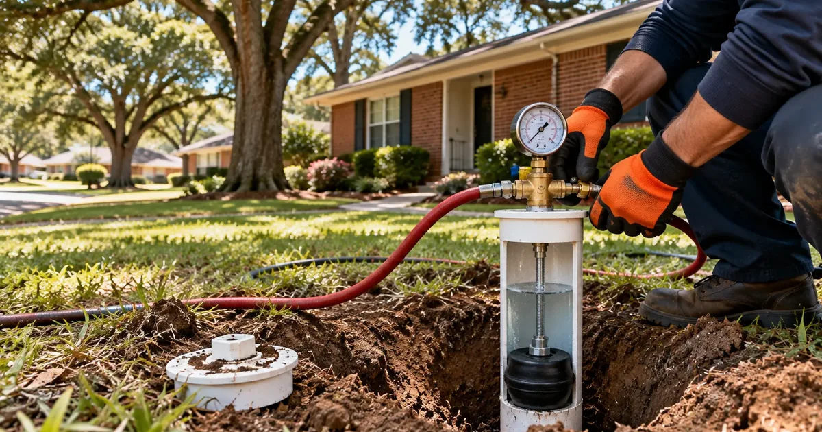 Sewer line pressure test with gauge at a Pine Bluff home