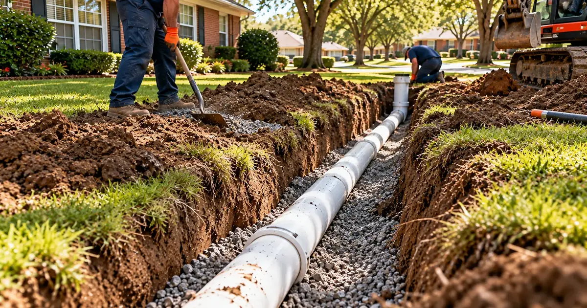 New PVC sewer line in an open trench during replacement in Pine Bluff