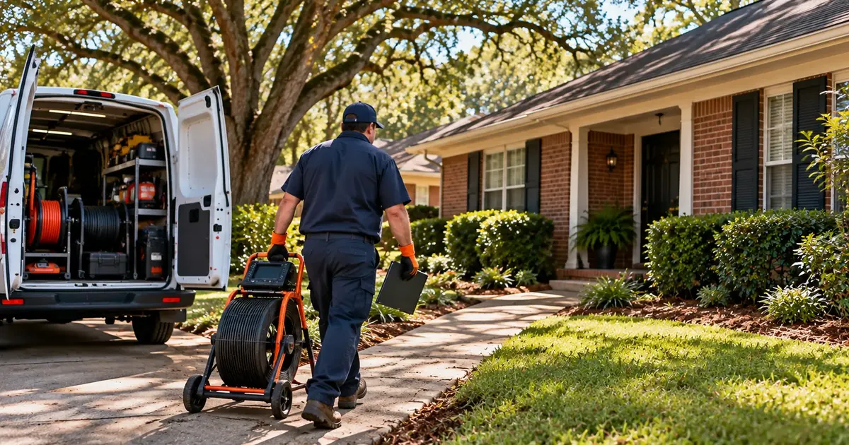 Sewer technician arriving for a scheduled maintenance visit at a Pine Bluff home