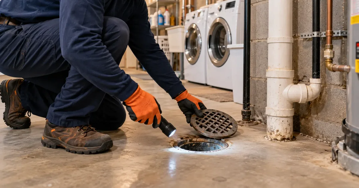 Technician checking a floor drain for sewer smell in a Pine Bluff home