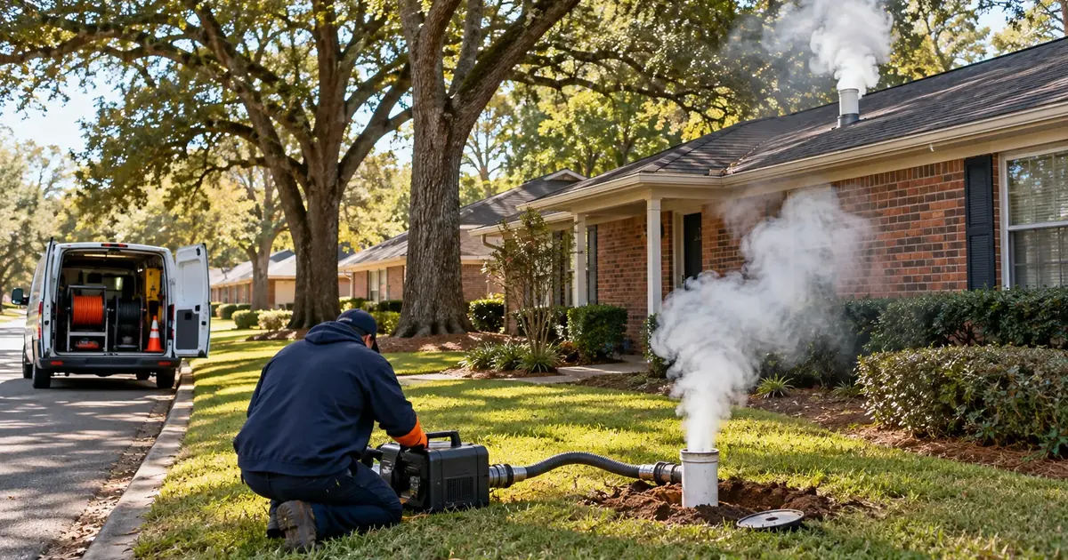 Sewer smoke test showing smoke rising from a yard cleanout at a Pine Bluff home