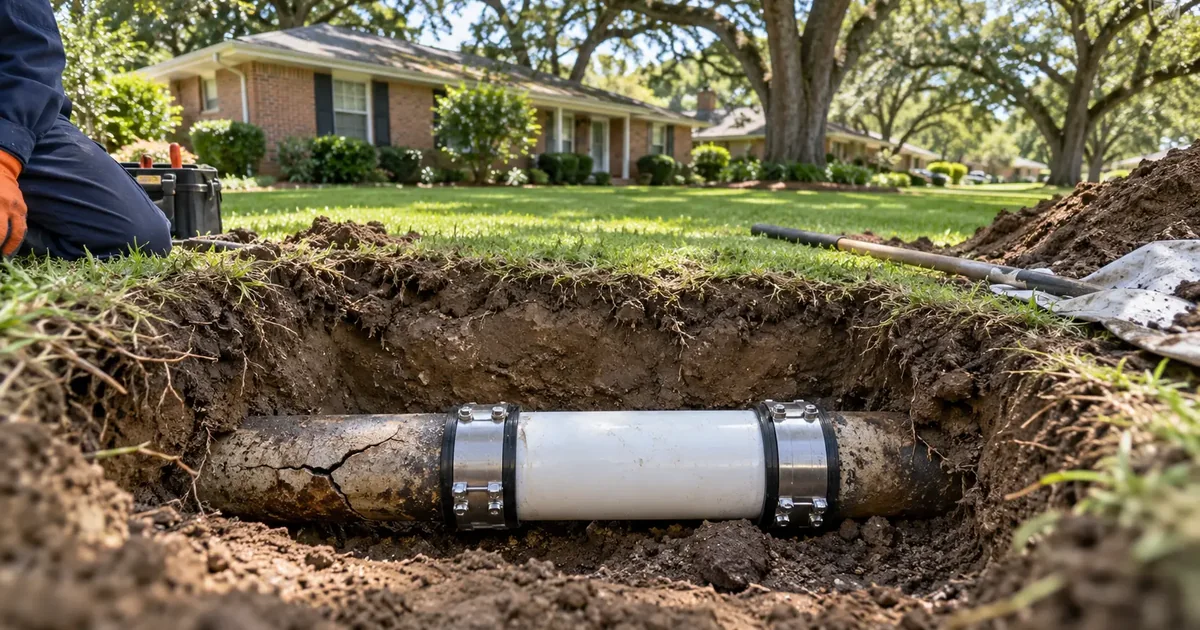 Spot sewer repair with a new PVC section and couplings in a Pine Bluff yard