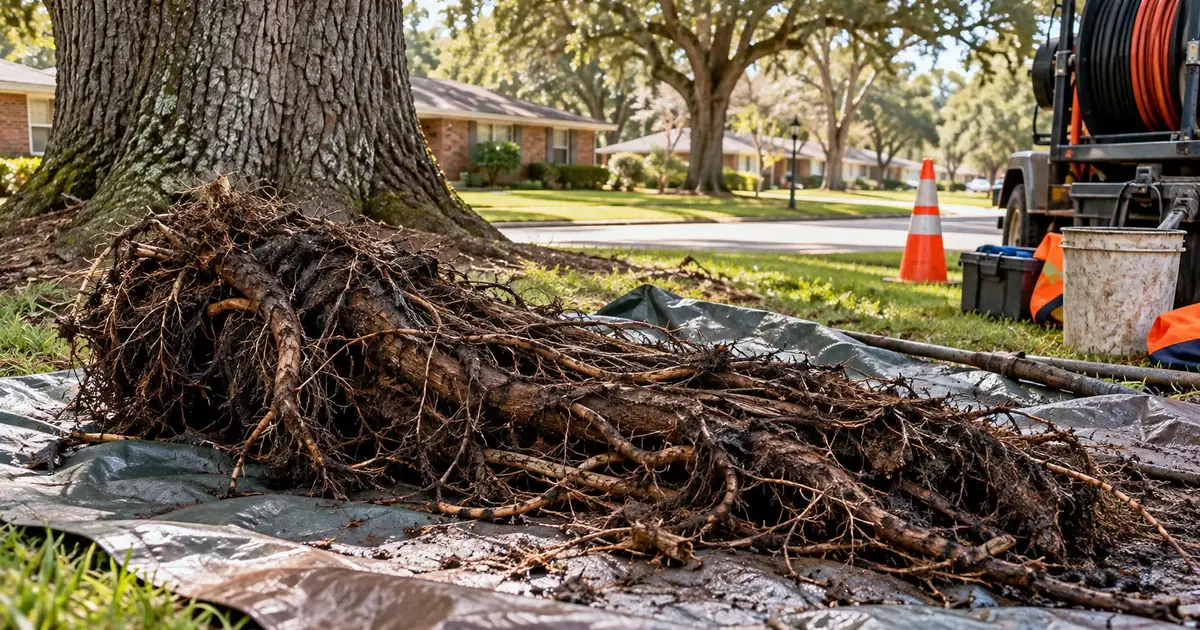 Tree roots removed from a sewer pipe beside an oak tree in Pine Bluff