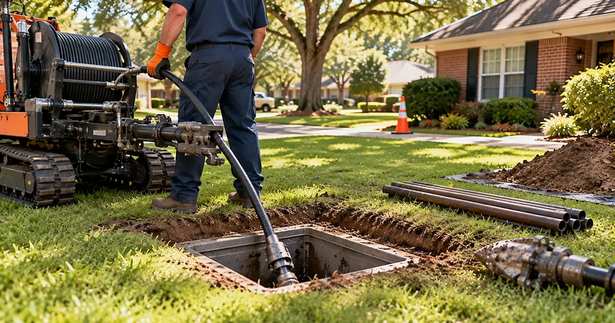 Small access pit for trenchless sewer repair in a Pine Bluff front yard