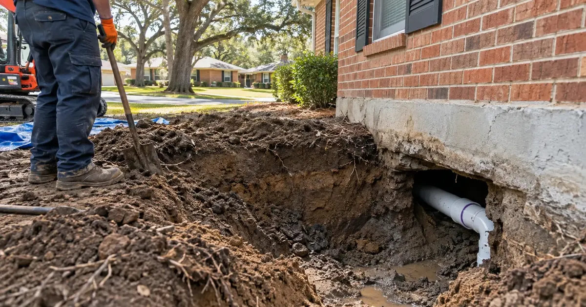 Tunnel access beside a home foundation for under-slab sewer repair in Pine Bluff